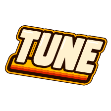 Bold retro "TUNE" lettering in cream with a dark outline and yellow, orange, and red bands underneath